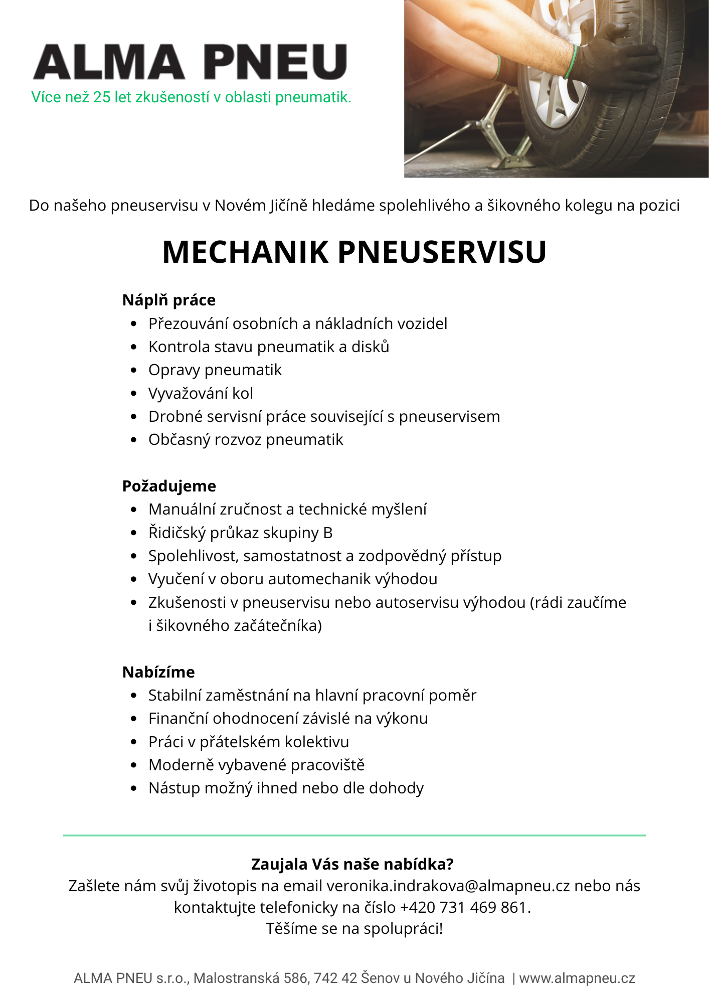 Přijmeme mechanika pneuservisu v Novém Jičíně